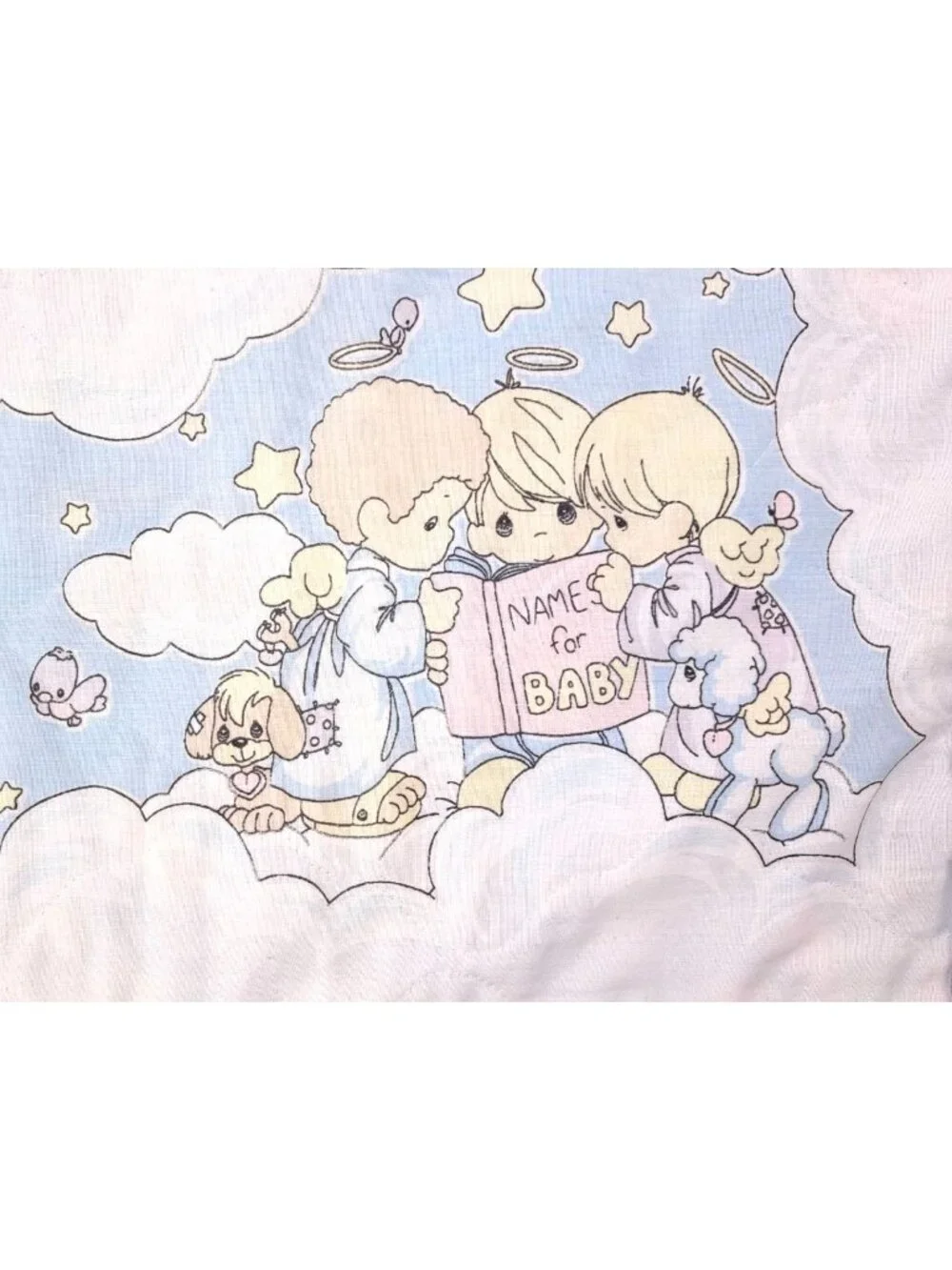 Vintage Handmade Precious Moments Baby Angel Quilt Blanket Blue Double Sided